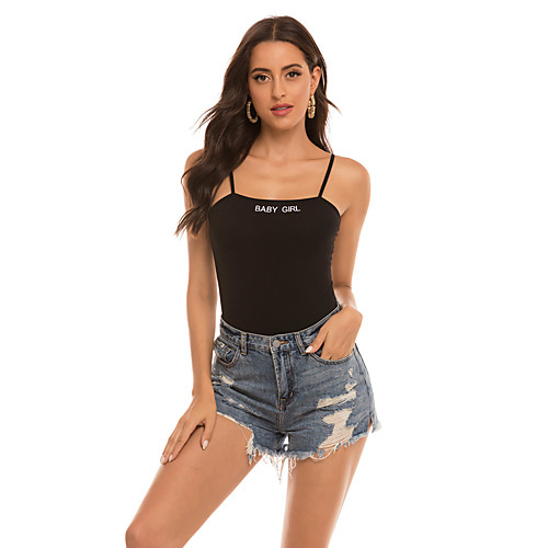 

Women's Bodysuit Tank Top Zentai Letter Boat Neck Basic Tops Black