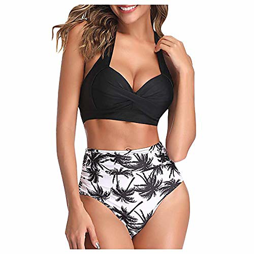 

vecudo two piece bikini set for women vintage flounce swimwear floral print halter cutout high waisted racerback swimsuit