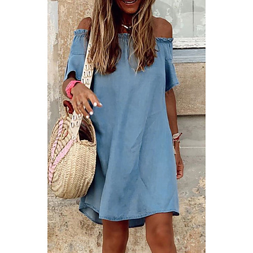 

Women's Denim Dress Knee Length Dress Light Blue Half Sleeve Solid Color Ruffle Spring Summer Off Shoulder Casual Flare Cuff Sleeve Loose 2021 S M L XL