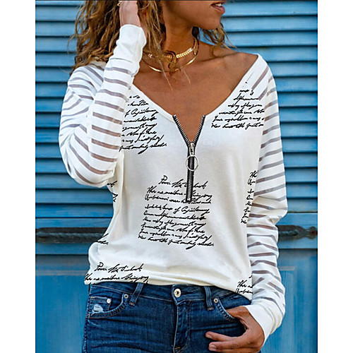 

Women's T shirt Letter Long Sleeve Quarter Zip Print V Neck Tops Basic Basic Top White
