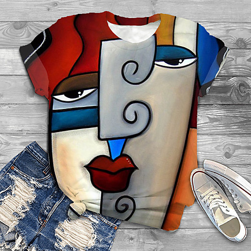 

Women's Plus Size Tops T shirt Graphic Abstract Portrait Print Short Sleeve Round Neck Yellow Gray White Big Size XL XXL 3XL 4XL 5XL / Holiday