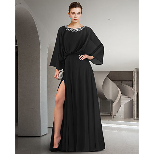 

Sheath / Column Mother of the Bride Dress Elegant Jewel Neck Floor Length Chiffon Long Sleeve with Pleats Beading Split Front 2021