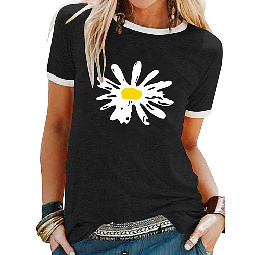 

Women's T shirt Floral Flower Round Neck Tops Black Blue Purple