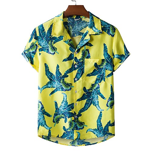 

Men's Shirt Other Prints Leaves Print Short Sleeve Casual Tops Tropical Hawaiian Yellow