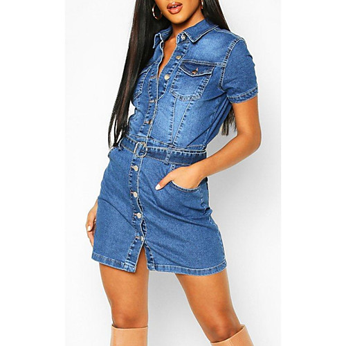 

Women's Denim Dress Short Mini Dress Light Blue Short Sleeve Solid Color Pocket Summer Shirt Collar Casual 2021 S M L XL XXL 3XL / Cotton / Cotton