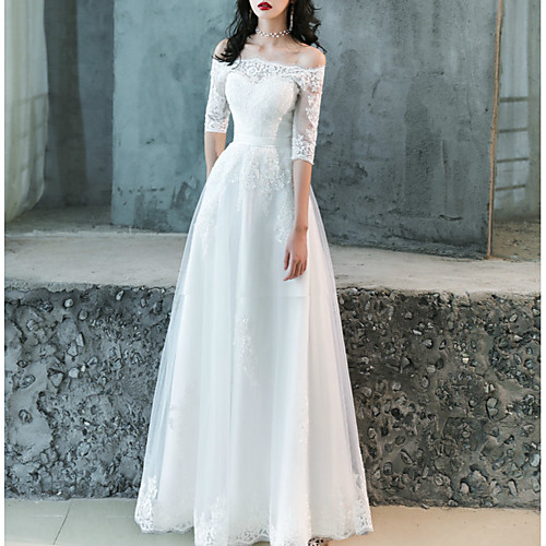 

A-Line Wedding Dresses Off Shoulder Floor Length Lace Tulle Half Sleeve Romantic with Appliques 2021