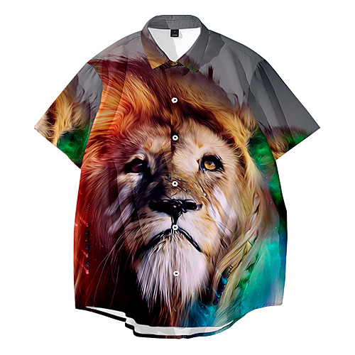 

Shirt Men's Lion Animal 3D Print Button-Down 3D Print Casual Short Sleeve Tops Casual Fashion Breathable Comfortable Rainbow