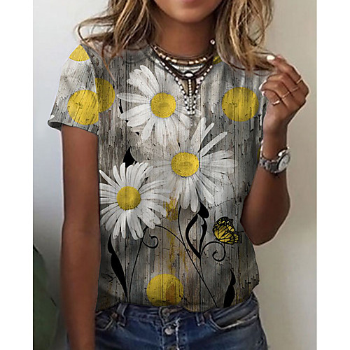 

Women's Floral Theme Daisy Painting T shirt Floral Graphic 3D Print Round Neck Basic Tops Gray