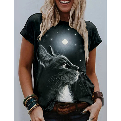

Women's 3D Cat T shirt Galaxy Graphic 3D Print Round Neck Basic Tops Black