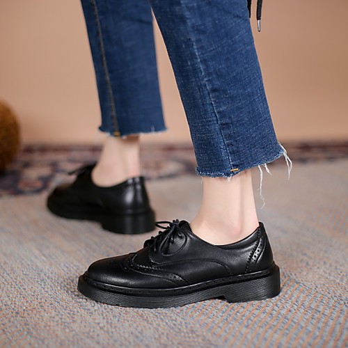 

Women's Oxfords Brogue Low Heel Chunky Heel Round Toe PU Synthetics Black