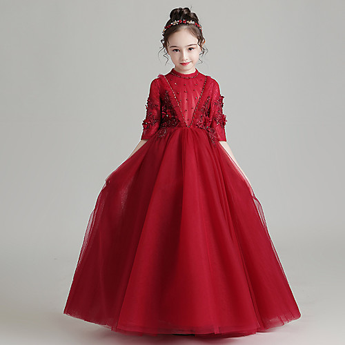 

Princess Floor Length Junior Bridesmaid Dress Wedding Tulle Half Sleeve High Neck with Pleats