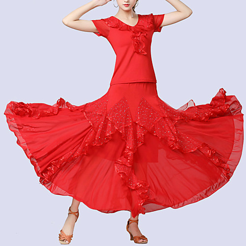 

Ballroom Dance Skirts Ruffles Paillette Women's Training Performance Short Sleeve Natural Tulle Milk Fiber
