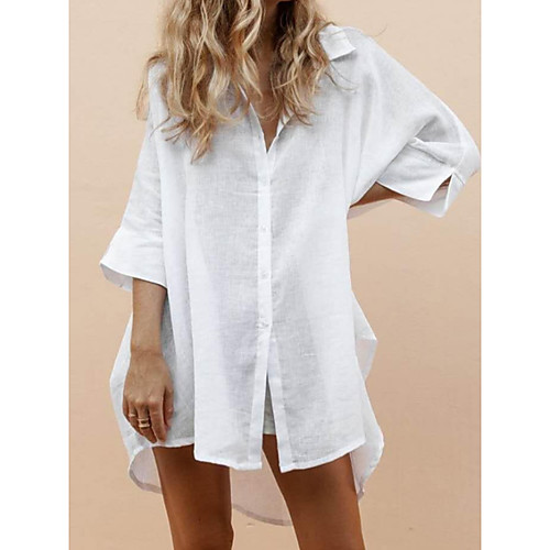 

Women's Shift Dress Short Mini Dress White Half Sleeve Solid Color Patchwork Plus High Low Fall Spring Shirt Collar Elegant Casual Loose 2021 S M L XL XXL / Cotton / Work / Cotton