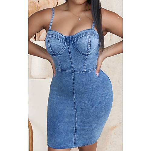 

Women's Denim Dress Short Mini Dress Light Blue Sleeveless Solid Color Patchwork Summer V Neck Casual Slim 2021 S M L XL XXL