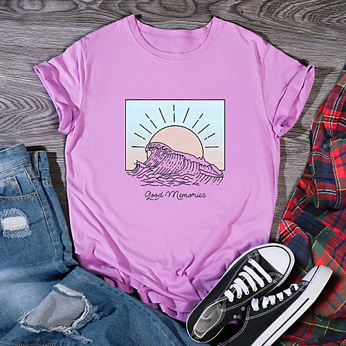 

Women's T shirt Graphic Print Round Neck Tops 100% Cotton Basic Basic Top White Purple Red