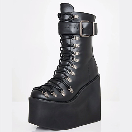 

Women's Boots Demonia Boots Platform Wedge Heel Round Toe Mid Calf Boots Booties Ankle Boots Punk & Gothic Daily PU Synthetics Buckle Lace-up Winter Black