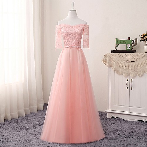 

A-Line Jewel Neck Floor Length Lace / Tulle Bridesmaid Dress with Appliques