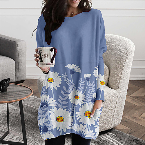 

Women's Shift Dress Short Mini Dress Blue Long Sleeve Floral Color Block Print Fall Spring Round Neck Casual Holiday 2021 S M L XL XXL 3XL