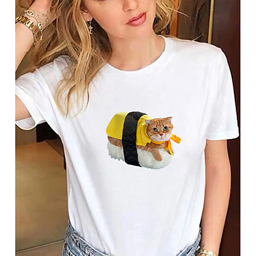 

Women's 3D Cat T shirt Cat Graphic Print Round Neck Basic Tops 100% Cotton White Black