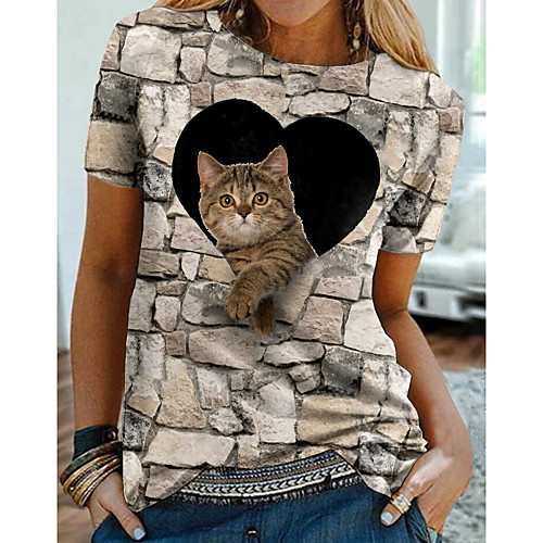 

Women's 3D Cat T shirt Cat Graphic Heart Print Round Neck Basic Tops Gray
