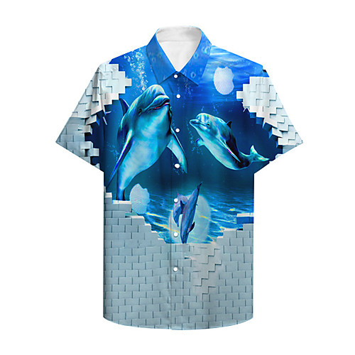 

Men's Shirt 3D Print Graphic Prints Fish Animal Button-Down Print Short Sleeve Daily Tops Casual Designer Big and Tall Blue / Summer