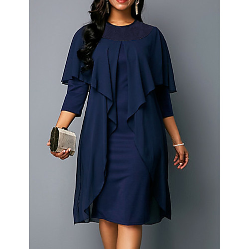 

Sheath / Column Mother of the Bride Dress Plus Size Jewel Neck Knee Length Chiffon Half Sleeve with Lace Ruffles 2021