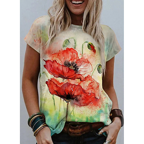 

Women's Going out Floral Theme Painting T shirt Floral Graphic Print Round Neck Basic Tops Purple Red Yellow