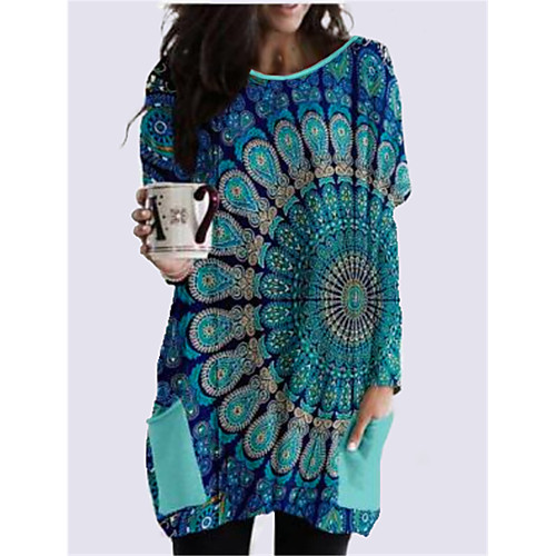 

Women's Shift Dress Short Mini Dress Blue Long Sleeve Geometric Print Fall Spring V Neck Casual Loose 2021 M L XL XXL 3XL
