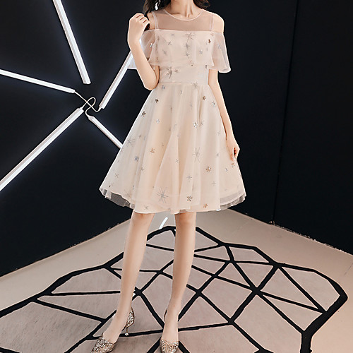 

A-Line Glittering Beautiful Back Wedding Guest Prom Dress Illusion Neck Short Sleeve Short / Mini Tulle with Ruffles Embroidery 2021