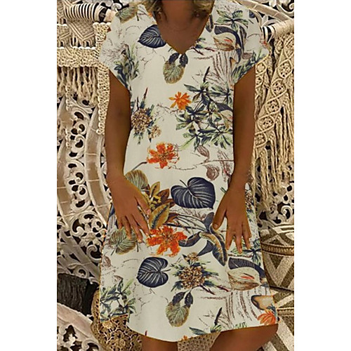 

Women's Swing Dress Knee Length Dress White Short Sleeve Print Solid Color Tie Dye Print Summer V Neck Casual 2021 S M L XL XXL