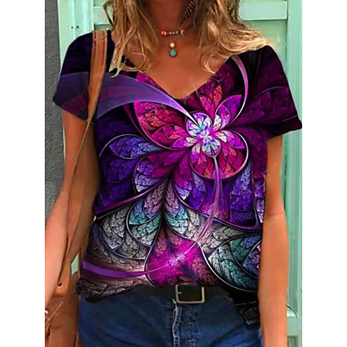 

Women's T shirt Graphic Geometric Print V Neck Tops Basic Basic Top Blue Purple Blushing Pink