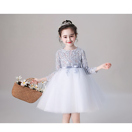 

Princess Short / Mini Flower Girl Dresses Wedding Tulle 3/4 Length Sleeve Jewel Neck with Bow(s)
