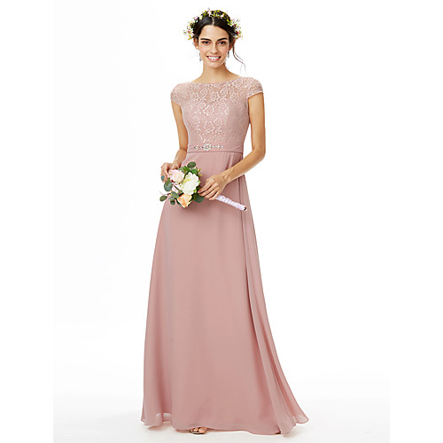 

Sheath / Column Bateau Neck Floor Length Chiffon / Lace Bridesmaid Dress with Lace / Sash / Ribbon / Bow(s)