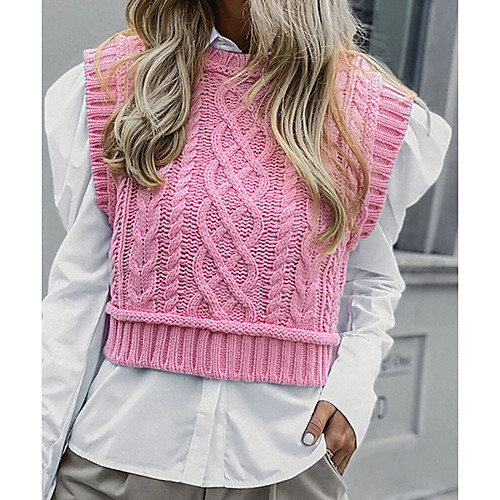 

Women's Knitted Solid Color Vest Sleeveless Sweater Cardigans Crew Neck Fall Winter Purple Yellow Blushing Pink