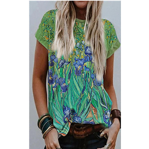 

Women's T shirt Floral Print Round Neck Tops Basic Basic Top Green