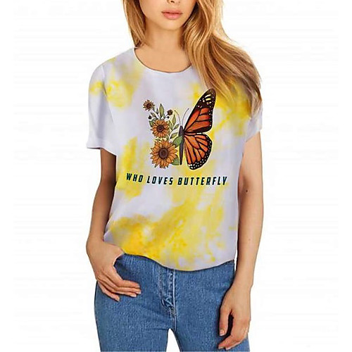 

Women's T shirt Butterfly Tie Dye Graphic Prints Print Round Neck Tops Basic Basic Top White Purple Yellow
