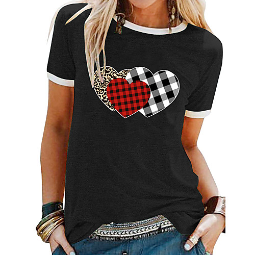 

Women's T shirt Plaid Heart Patchwork Print Round Neck Tops Basic Basic Top White Black Blue