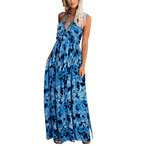 

Women's Swing Dress Maxi long Dress Light Blue Sleeveless Striped Print Backless Pocket Print Summer V Neck Elegant Holiday Loose 2021 S M L XL XXL