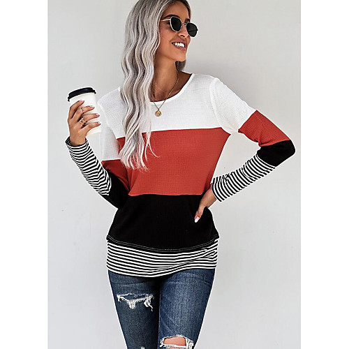 

Women's Stripe Knitted Striped Color Block Pullover Long Sleeve Loose Sweater Cardigans Crew Neck Round Neck Fall Winter Red