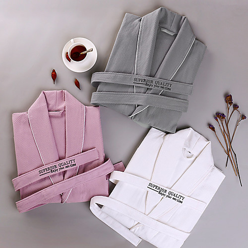 

Superior Quality Unisex Bath Robe,Grey/White/Pink Pure Cotton Breathable Long Sleeve Waffle Water Absorption Nightgown Comfortable in Summer