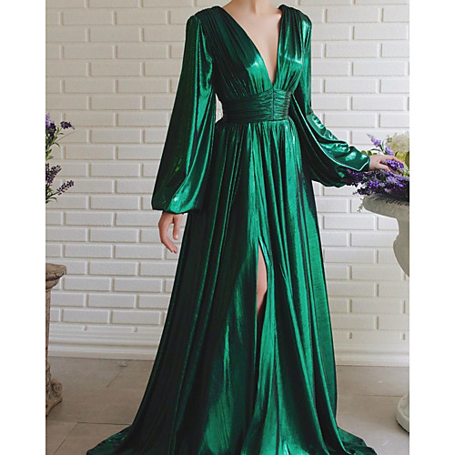 

Women's A Line Dress Maxi long Dress Green Long Sleeve Solid Color Split Fall Spring V Neck Elegant Vintage Christmas Party Lantern Sleeve 2021 S M L XL XXL