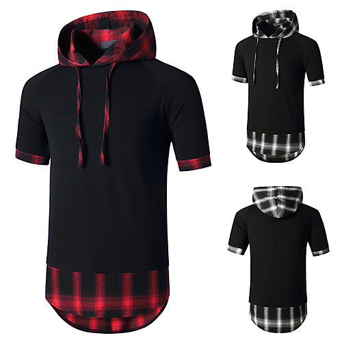 

Men's T shirt Shirt non-printing Lattice Plus Size Short Sleeve Daily Tops Hooded Red Black