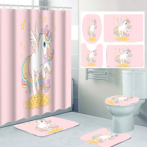 

Pink Star Unicorn Print Bathroom Shower Curtain Leisure Toilet Four-piece Set