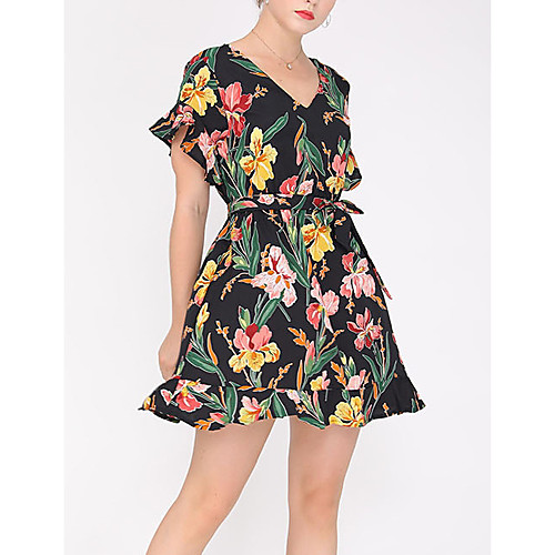 

Women's A Line Dress Short Mini Dress Black Short Sleeve Floral Print Solid Color Summer V Neck Casual 2021 S M L XL