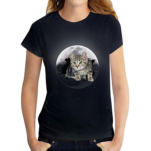 

Women's 3D Cat T shirt Cat Graphic 3D Print Round Neck Basic Tops Black