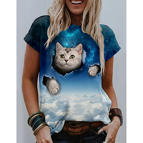 

Women's 3D Cat T shirt Cat Graphic 3D Print Round Neck Basic Tops Blue