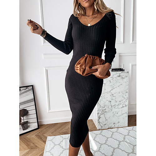 

Women's Sweater Jumper Dress Maxi long Dress Khaki White Black Long Sleeve Solid Color Patchwork Fall V Neck Hot Casual Slim 2021 S M L XL