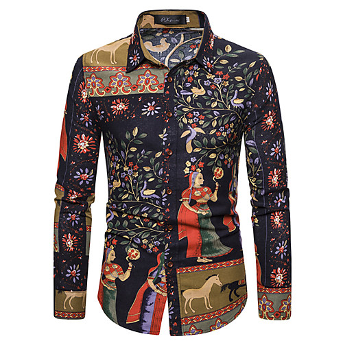

Men's Shirt Other Prints Graphic Leaves Long Sleeve Casual Tops Ethnic Style Black
