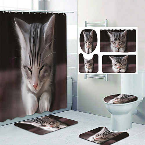 

Cute Little Cat Pattern Printing Bathroom Shower Curtain Leisure Toilet Four-Piece Design