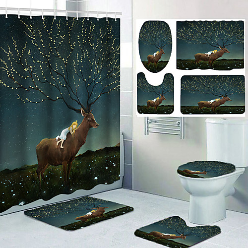 

The Girl Lying on the Deer's Back Prints a Four-piece Bathroom Shower Curtain Leisure Toilet Set